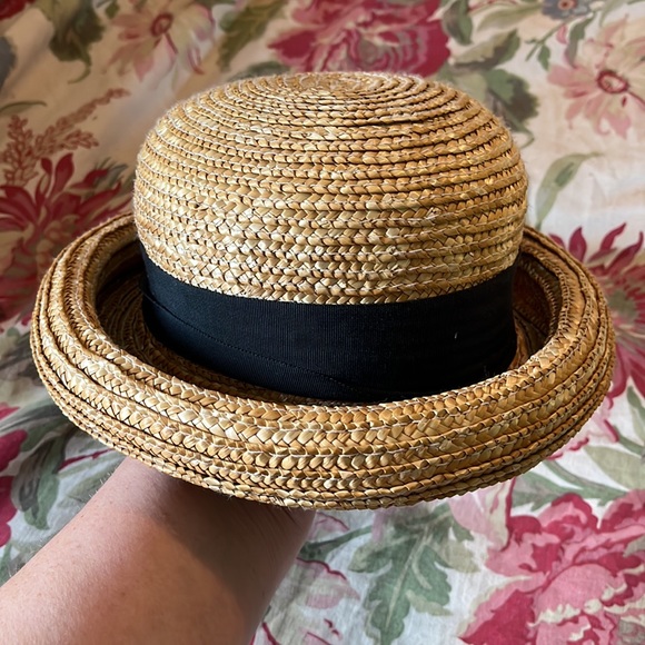 SUNDANCE Woven Straw Hat Curled Brim Black Gross-grain Ribbon Vtg Vibe Feminine - Picture 5 of 16